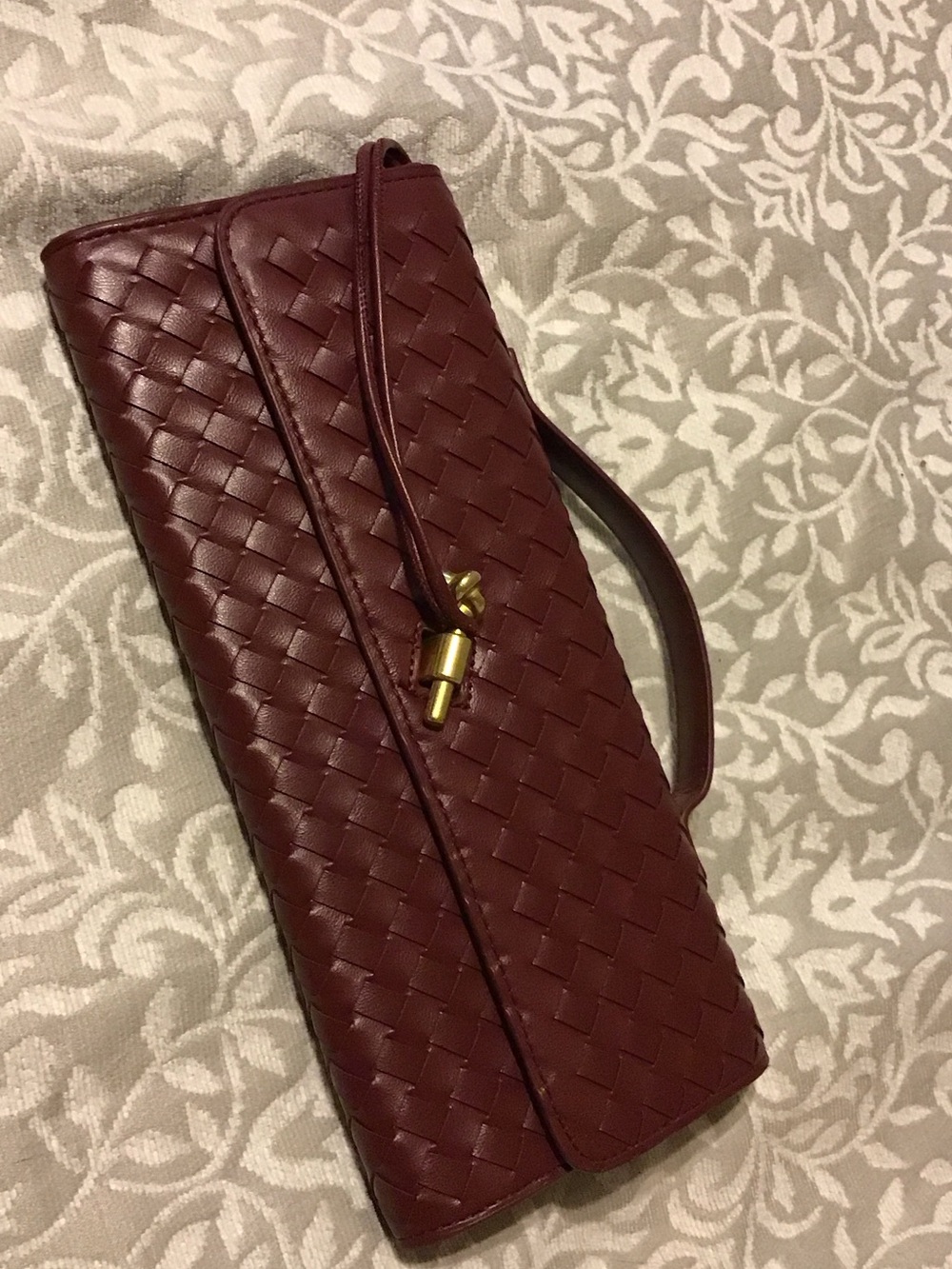 Woven Leather Burgundy Wristlet Clutch with Gold Accent